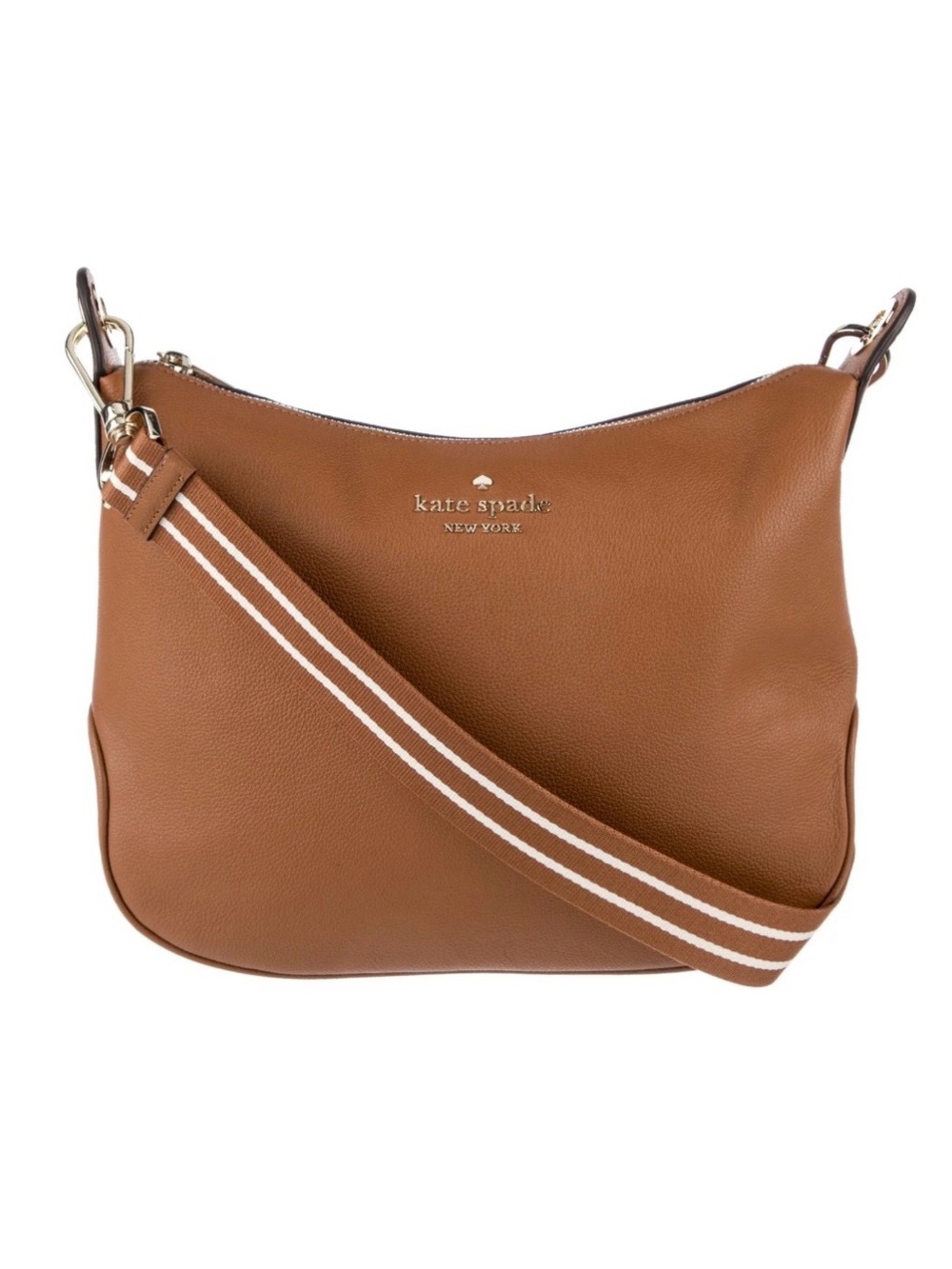 kate spade Brown Pebbled Leather Crossbody with Striped Strap